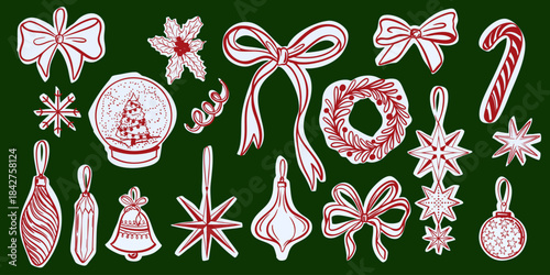 Hand drawn Christmas clipart set with bows, toy, ornaments, snowflake, star, and decorations. Vector illustration.