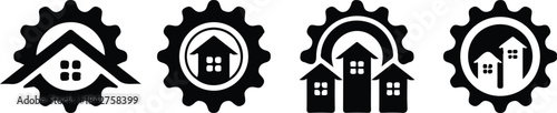 gear house black icons set vector four set illustration design art 