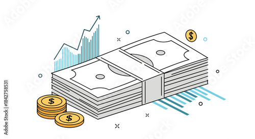 Isometric illustration of stacked money bills and coins with financial charts showing growth and investment.