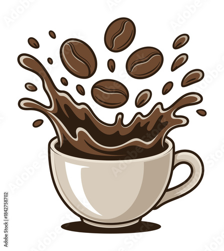 Splashing brown coffee beans from a white cup with coffee liquid
