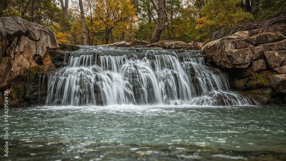 Fototapeta premium A waterfall flowing over rocks in a forested area during autumn.