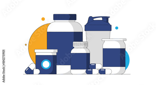 A collection of sport nutrition supplements, including protein powder tubs, vitamin bottles, a shaker, and capsules, for health and fitness.