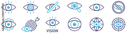 Vision and Observation Thin Line Icons. Eye, search, surveillance, webcam, binoculars, visible and invisible concept symbols. Vector set.
