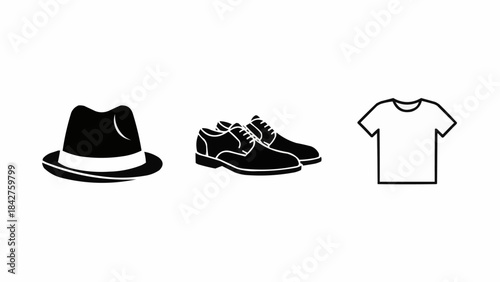 Classic Menswear Accessories Fedora Hat Dress Shoes and T Shirt Icons.