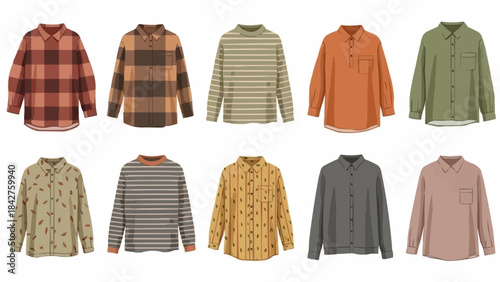 Collection of ten different shirts displayed on a white background.