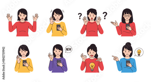 Collection of diverse female characters showing various emotions and gestures while interacting with smartphones, including surprise and new ideas.