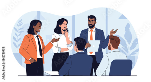 Diverse group of business professionals collaborating and discussing ideas during an office meeting, showcasing teamwork and professional communication.