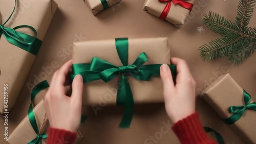A woman's hand is holding a red Christmas present box with a gold ribbon bow