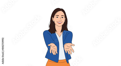 Smiling young woman extending her hands with an open gesture, indicating welcoming, offering, or inviting with warmth and friendliness.