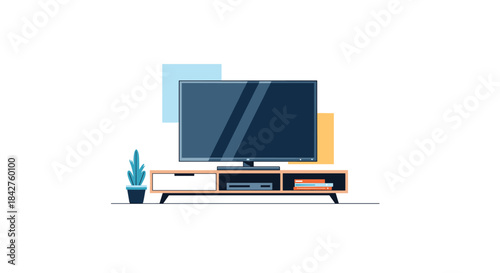 Modern flat-screen television set on a stylish media console with a decorative plant and books, symbolizing contemporary home entertainment.