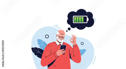 Happy elderly man with a beard holding a smartphone and giving an "okay" sign, with a full battery icon, symbolizing reliable mobile connectivity.