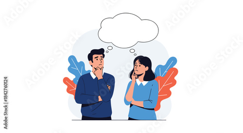 Pensive man and woman standing thoughtfully with hands on chins, with a large blank thought bubble for text, representing contemplation or ideas.