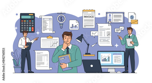 Thoughtful man surrounded by financial documents, charts, a calculator, and laptop, representing accounting, auditing, or financial analysis tasks.