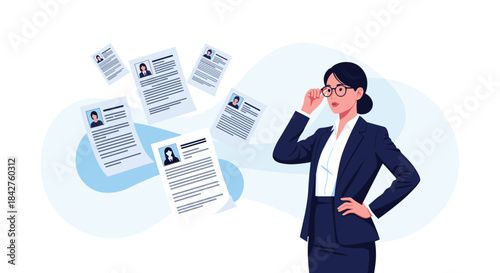 Confident businesswoman in a suit and glasses, surrounded by floating resumes, symbolizing successful recruitment, job search, or career opportunities.