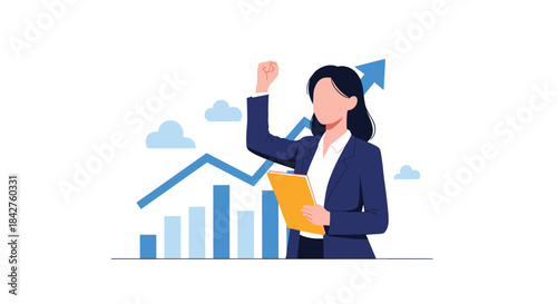 Confident businesswoman with a raised fist, celebrating success and achievement, positioned against an upward-trending business growth graph.