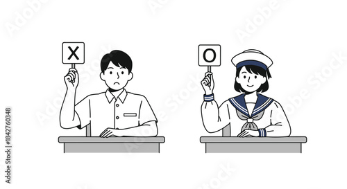 Male and female students in uniform holding 'X' and 'O' signs, representing correct and incorrect answers, choices, or decision-making.