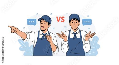 Two male service workers in caps and aprons, one confidently pointing (VS), the other questioning, depicting a comparison, debate, or choice.