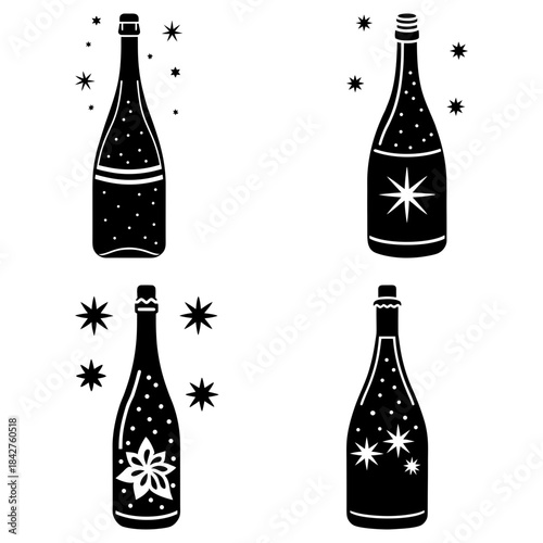 Three Black Wine Bottles with Star Patterns on White Background silhouette