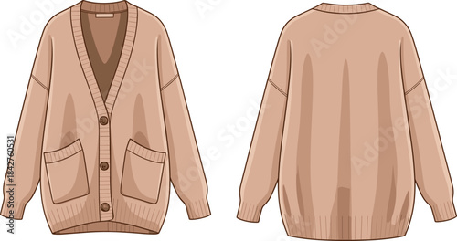 Beige cardigan sweater flat sketch, V-neck button front, patch pockets and ribbed hem detail, front and back fashion illustration