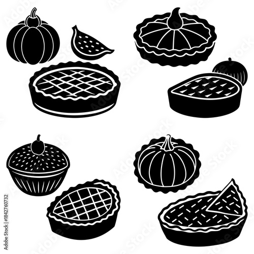 Assorted Vegetables and Pies in Black and White Silhouette on White Background pumpkin squash
