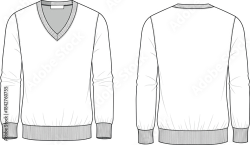 Long sleeve sweater flat sketch, V-neck fashion illustration, ribbed cuff and hem detail, front and back technical view, apparel design vector