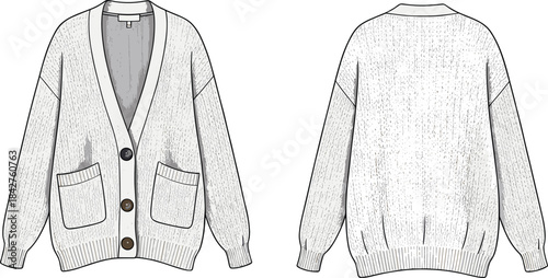 Knitted cardigan sweater flat sketch, V-neck buttoned front, patch pockets and ribbed hem detail, front and back technical fashion illustration