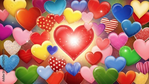 Vibrant explosion of colorful glossy hearts featuring different textures and patterns centered around a glowing red heart symbol for Valentine's Day backgrounds