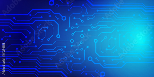 Online education and smart learning concept with glowing polygonal graduation cap connected to circuit board on dark blue background. Futuristic low poly style, abstract vector illustration.