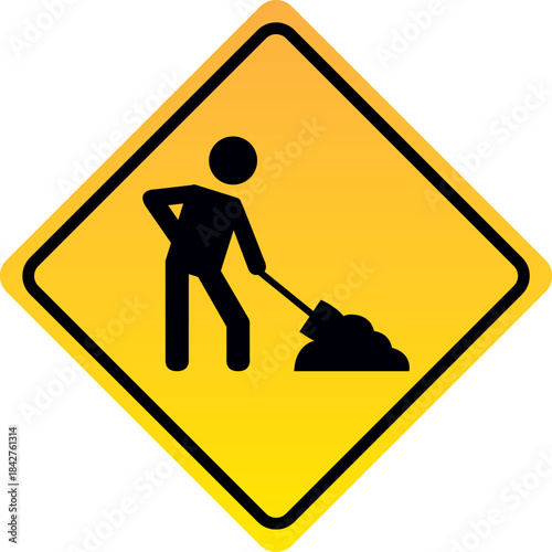 Road construction worker sign pictogram of man digging with shovel warning symbol for work in progress isolated on yellow background