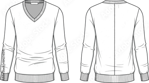 V-neck sweater technical sketch, long sleeve fashion illustration, ribbed collar and hem detail, front and back view, knitwear design vector