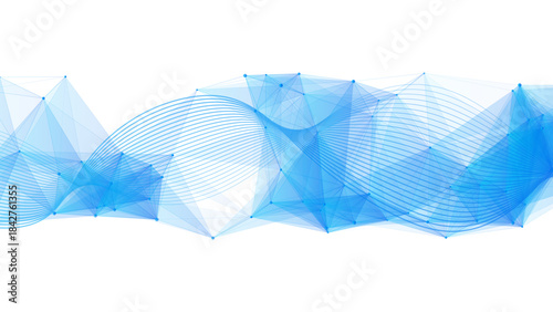Abstract Blue Wave & Polygonal Mesh Background With Translucent Geometric Layers on White. Modern Tech Design for Digital Graphics, Presentations & Web Banners.