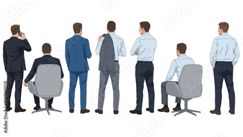 Set of vector illustrations featuring businessmen from behind in various poses standing and sitting