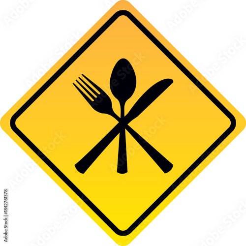 Yellow diamond warning sign with crossed fork knife and spoon icon representing food or restaurant services isolated on white background