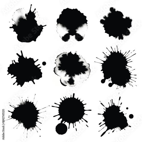 Flat 2D abstract ink blot collection featuring bold black watercolor stains and organic grunge textures scattered across a clean, isolated white background.