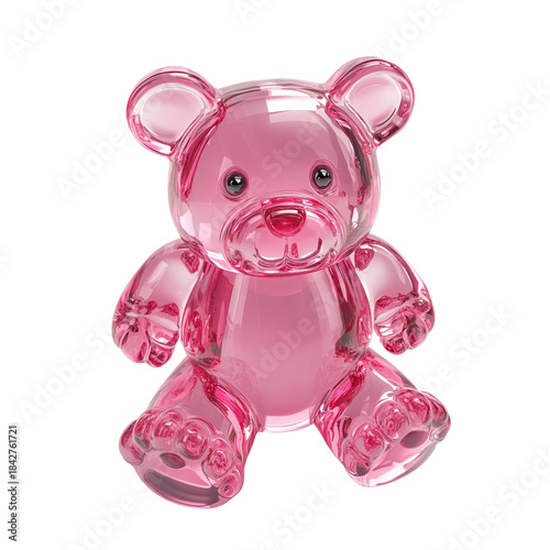 Clear Pink Bear Figure Made of Plastic Sits on a Flat Surface Indoors
