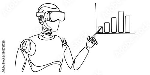 A robot in virtual reality analyzing data on a bar chart in a continuous line drawing style Vector, illustration