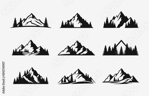 Nine distinct mountain peak silhouettes collection with varying pine tree elements suitable for outdoor adventure nature themed branding and wilderness exploration