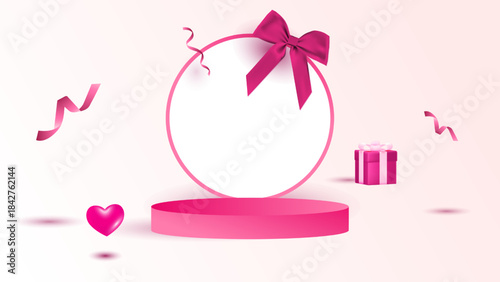 A minimalist $\text{3D}$ product display on a soft pink gradient background, featuring a glossy round frame atop a cylindrical magenta podium. A glowing pink heart and a small gift box create an elega