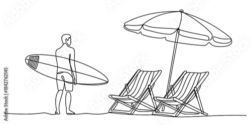 A continuous line drawing of a man with a surfboard on a beach with umbrella and chairs Vector, illustration