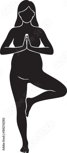 Pregnant Woman Yoga Tree Pose Silhouettes isolated on white background