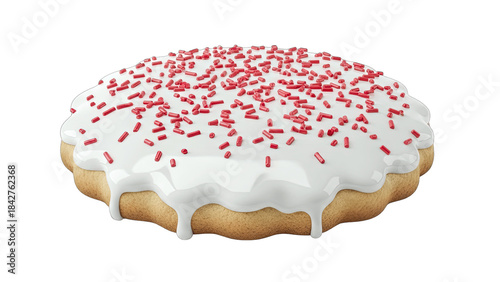 Frosted Cookie with Red Sprinkles on White Background