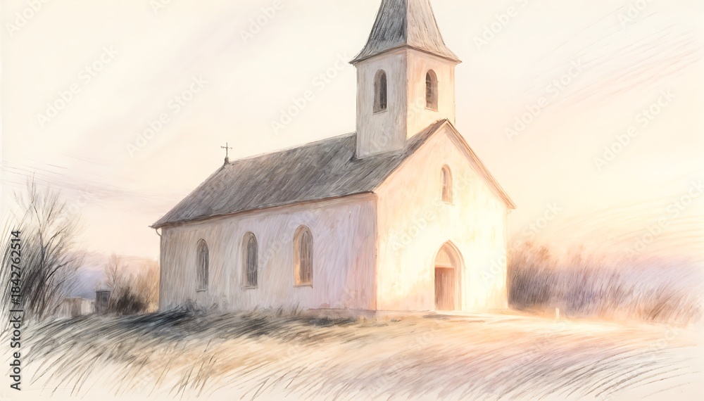 Fototapeta premium Peaceful Rural Church Illuminated by Gentle Golden Light of Morning