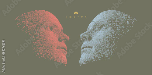 Two faces are looking at something. Technology and robotics concept. Design for business presentations, flyers or posters. 3D vector illustration.