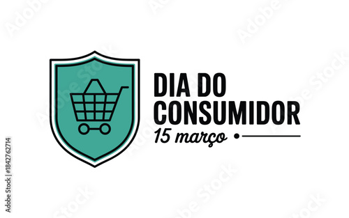 Illustration of consumer day logo with shopping cart on green shield and portuguese text