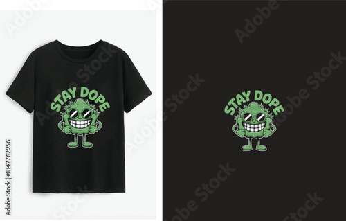 A stylish black t-shirt featuring a funny cannabis bud character with sunglasses and the phrase "stay dope"