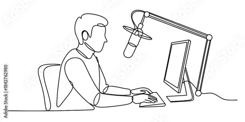 A continuous line drawing of a man recording a podcast with studio equipment Vector, illustration