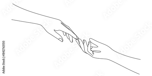 Continuous line drawing of two hands reaching for connection on a white background Vector, illustration