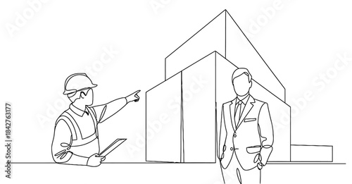 Engineer and businessman discuss construction plans for a new building project Vector, illustration
