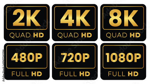 Set of Video Resolution Tags - 2K, 4K, 8K, Quad HD, Full HD Icons vector