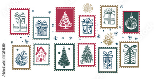 Christmas stamps, hand drawn illustrations.	
